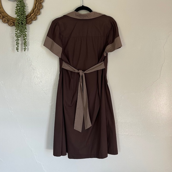 BCBG Paris Short Sleeve A-Line Tie Waist Dress, Collared V-neck, Brown, Sz 14 - Picture 2 of 7